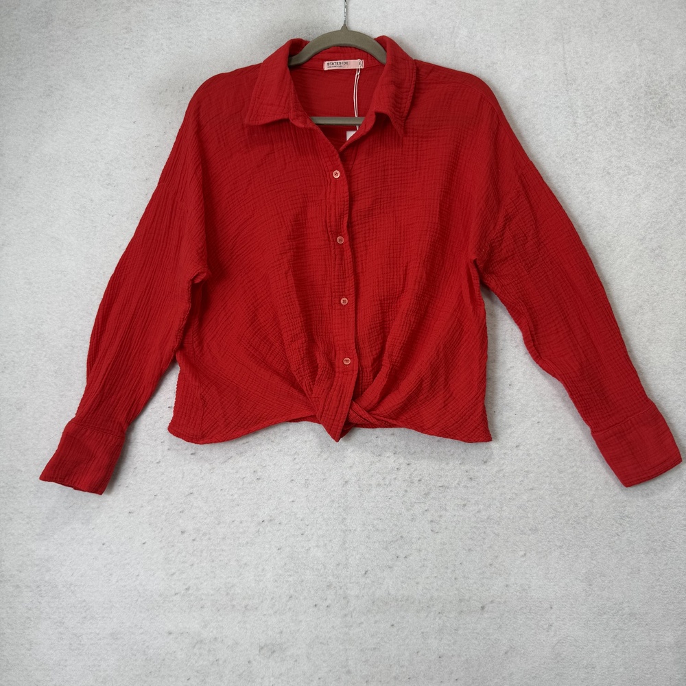 Stateside Shirt Womens Small Red Gauze Twist Cropped Long Sleeve Button Front